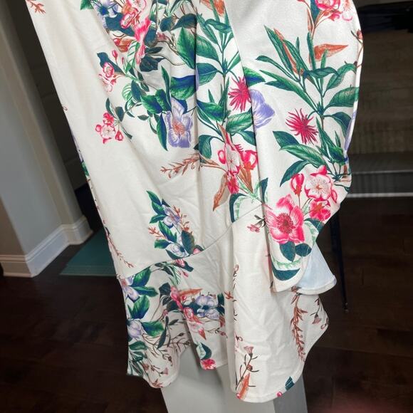 NWT Eliza J Floral Cream Pink Green Ruffled Asymmetric-Hem Sheath Dress 0 - Picture 15 of 16